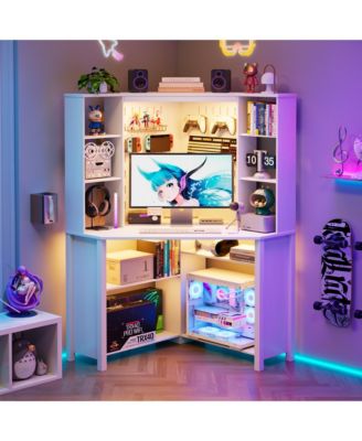 Vlsrka - 35×35 Inch Pentagonal Corner Desk, LED Lighting and USB Ports White