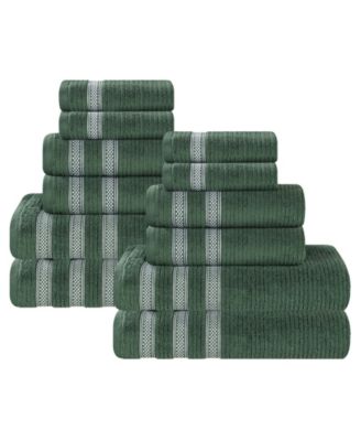Brea Zero Twist Cotton Ribbed Geometric Border Plush Soft Absorbent 12-Piece Towel Set