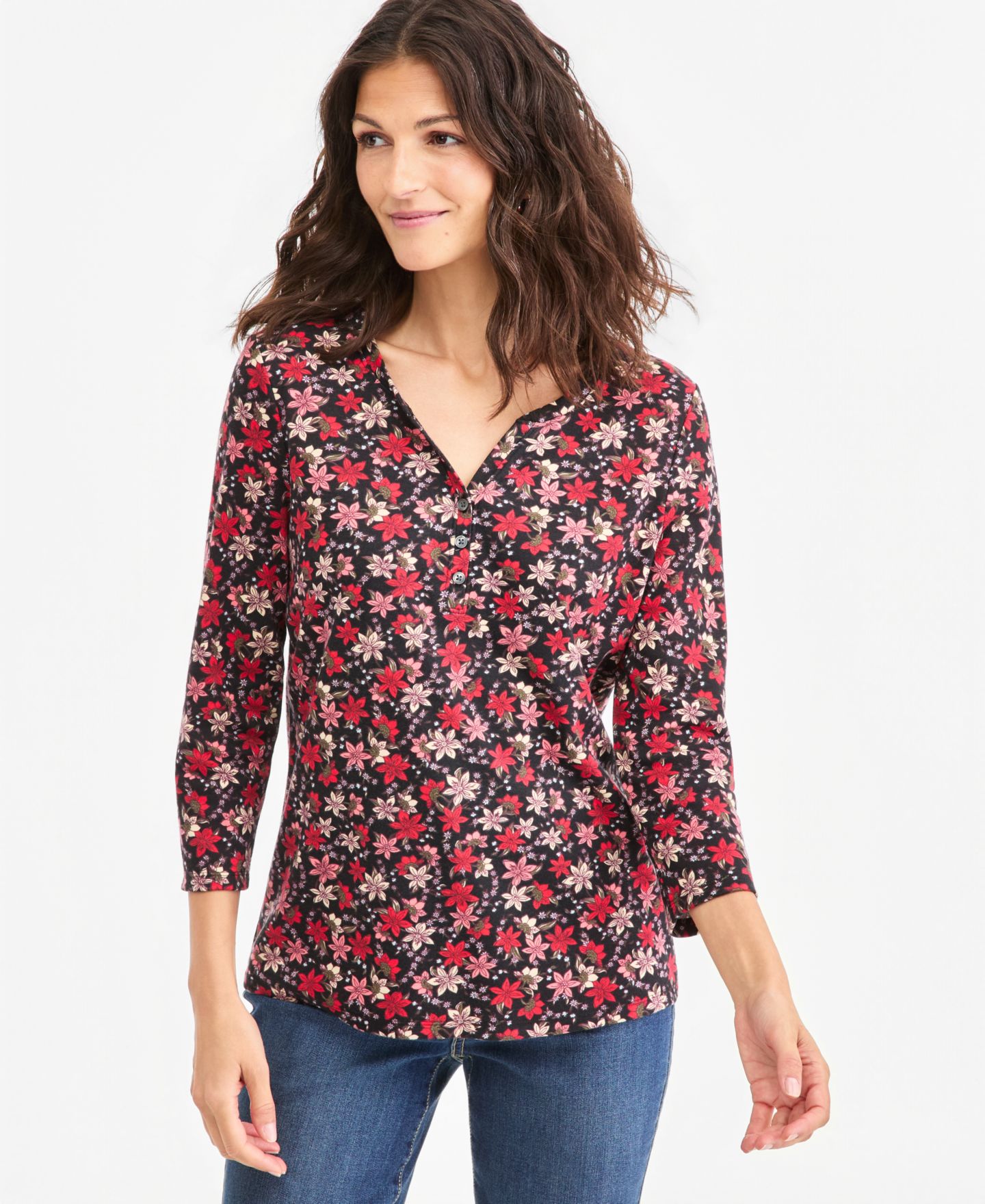 Женский топ Macy's Style & Co Printed 3/4-Sleeve Henley Top, цвет: Глубокий чёрный — фото 1