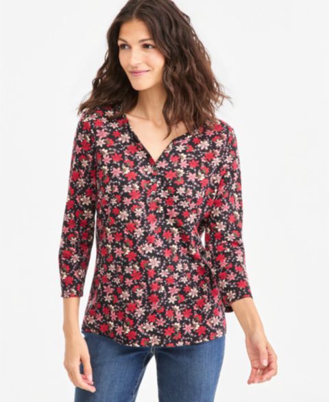 Женский топ Macy's Style & Co Printed 3/4-Sleeve Henley Top, цвет: Глубокий чёрный