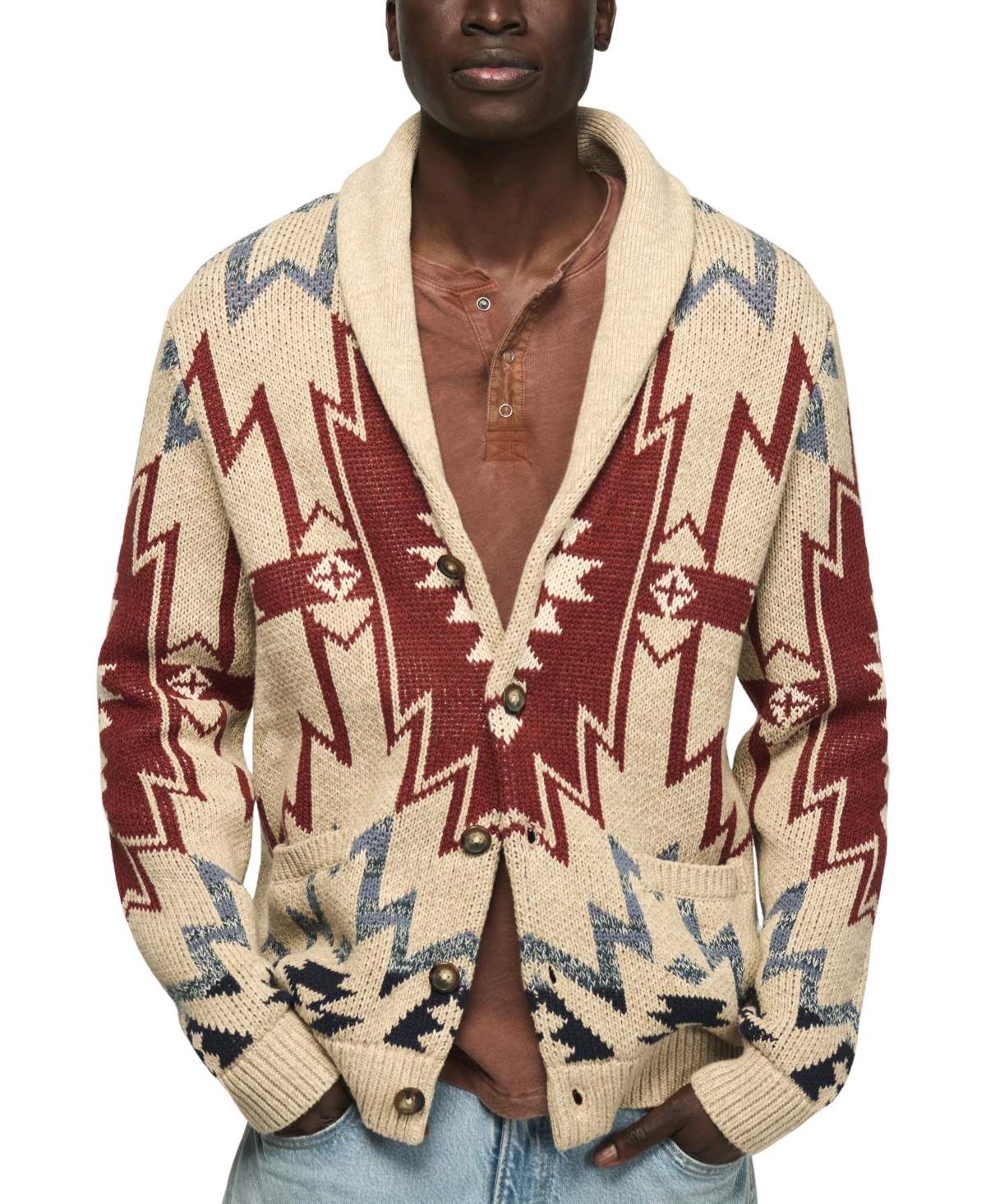 Lucky Brand Men's Southwestern Shawl Collar Cardigan Regular-Fit Sweater