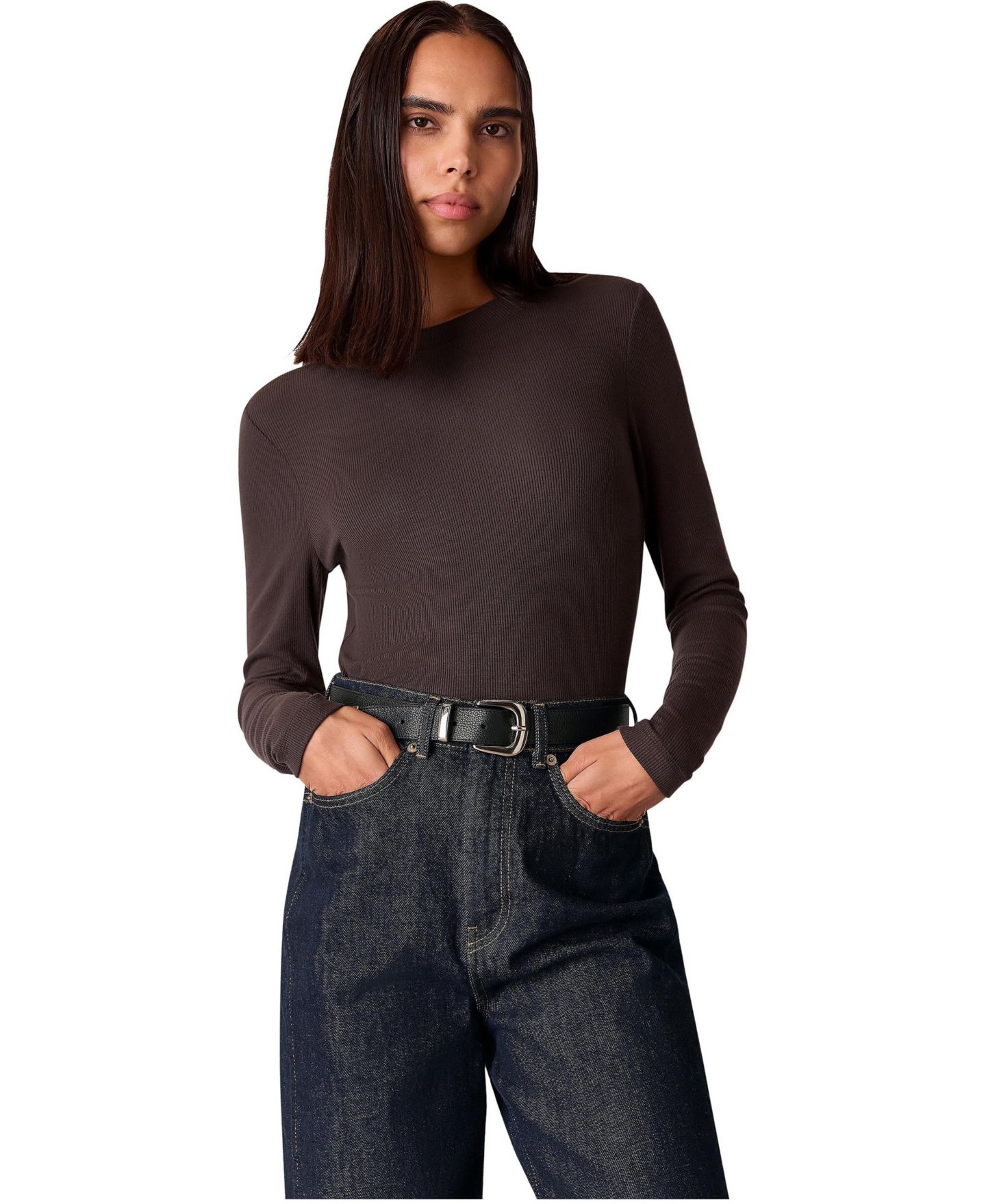 Женская футболка Whistles Essential Long-Sleeve Crewneck Viscose-Blend, цвет: Коричневый — фото 1