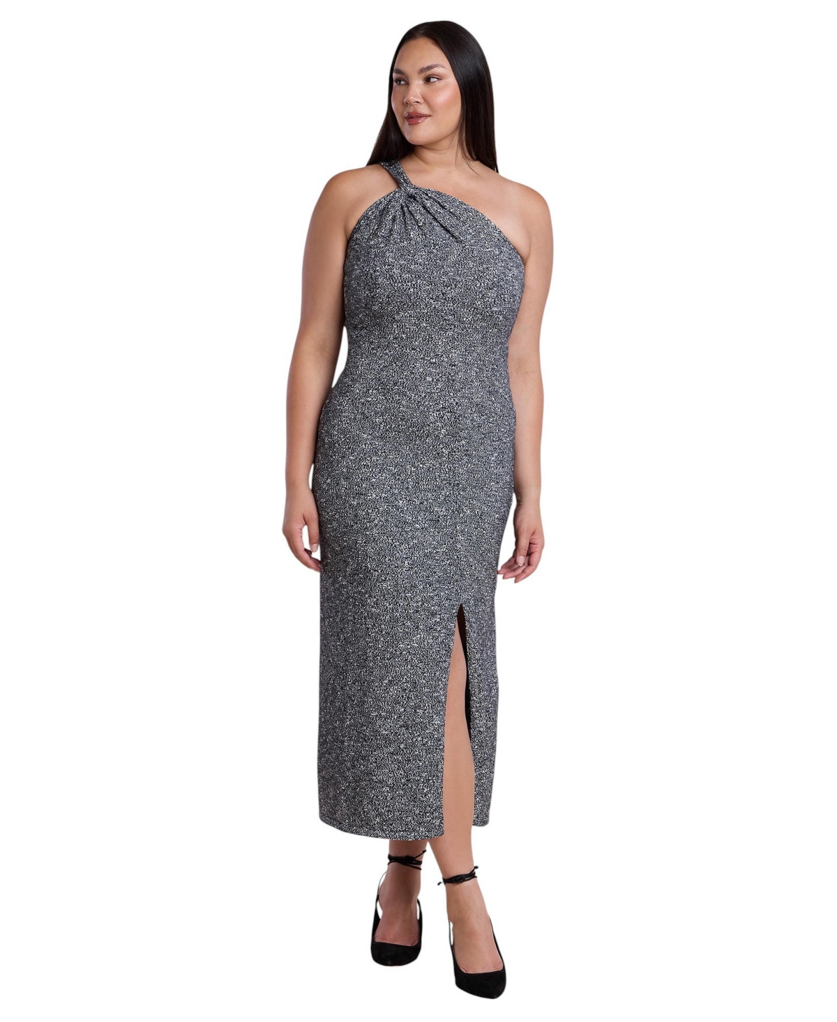 Eloquii Plus Size One-Shoulder Front-Slit Sweater Maxi Dress - Marl