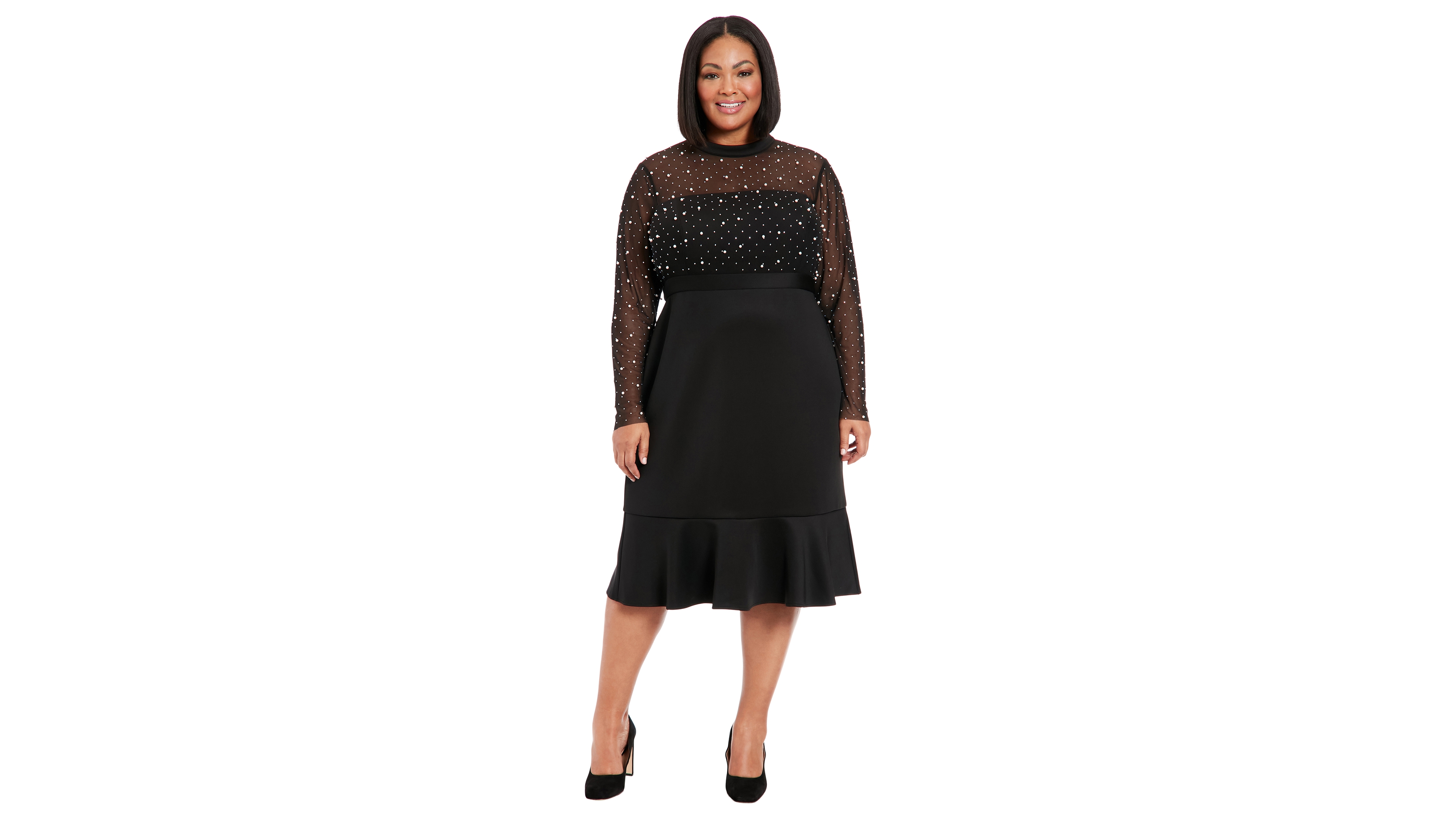London Times Plus Faux-Pearl Ruffled-Hem Dress
