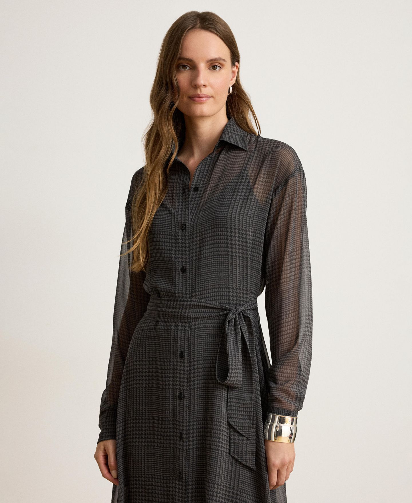 Женское платье Lauren Ralph Lauren Plaid Belted Midi Chiffon Shirt Dress, цвет: Серый / Чёрный — фото 4