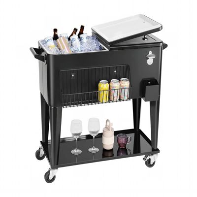80 Quart Rolling Ice Chest Drink Cooler Cart with Bottom Shelf and Bottle Opener