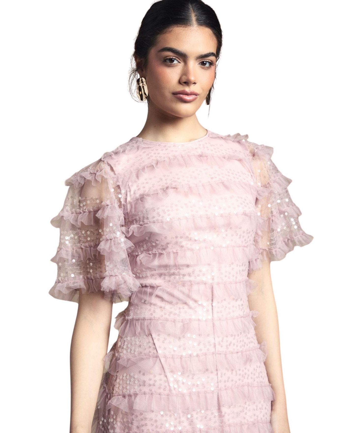 Женское платье Oasis Sequin Ruffle-Detail Short-Sleeve Maxi, цвет: Розовый — фото 4