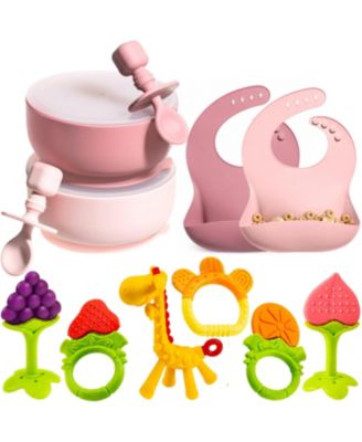 Silicone baby feeding set with suction bowls, lids, adjustable bibs, and teething toys. BPA-free, dishwasher and freezer safe