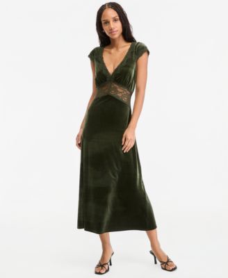 Women's Flutter-Sleeve Velvet Lace-Trim Midi Dress