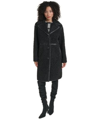 Women's Faux-Leather-Trim Teddy Coat