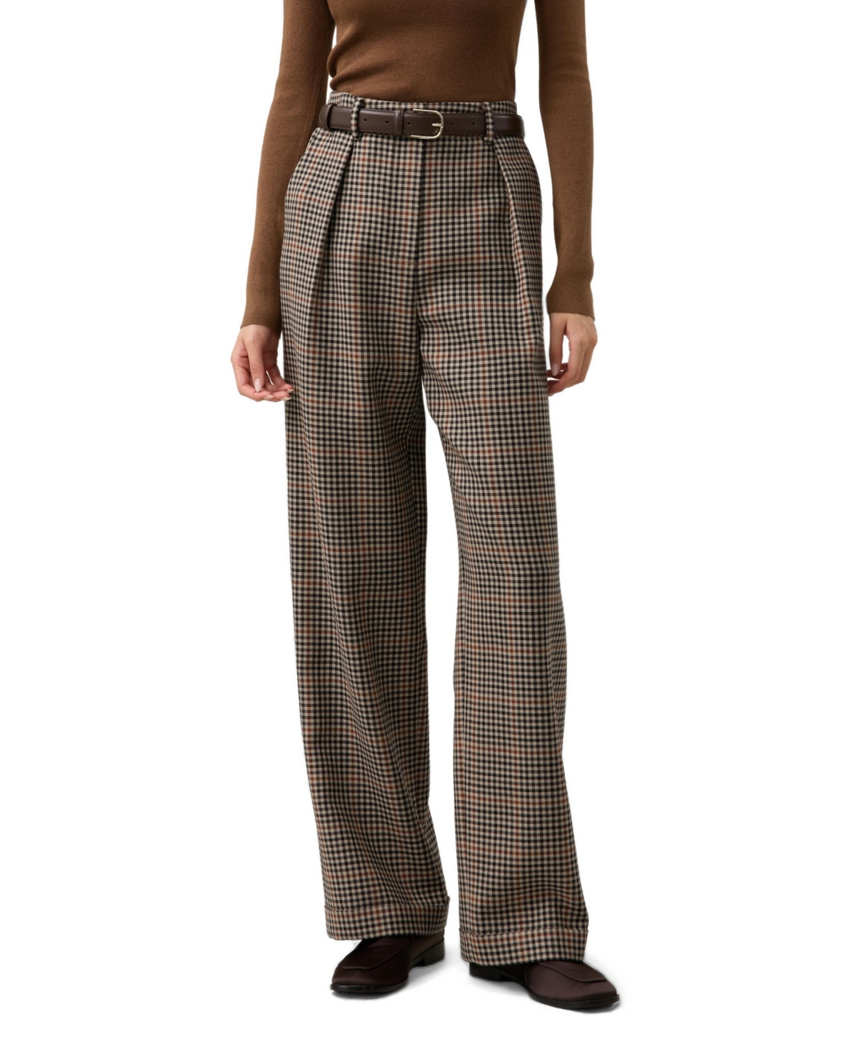 Lilysilk Women's Shepherd Check Straight-Leg Wool-Silk Blend Pants