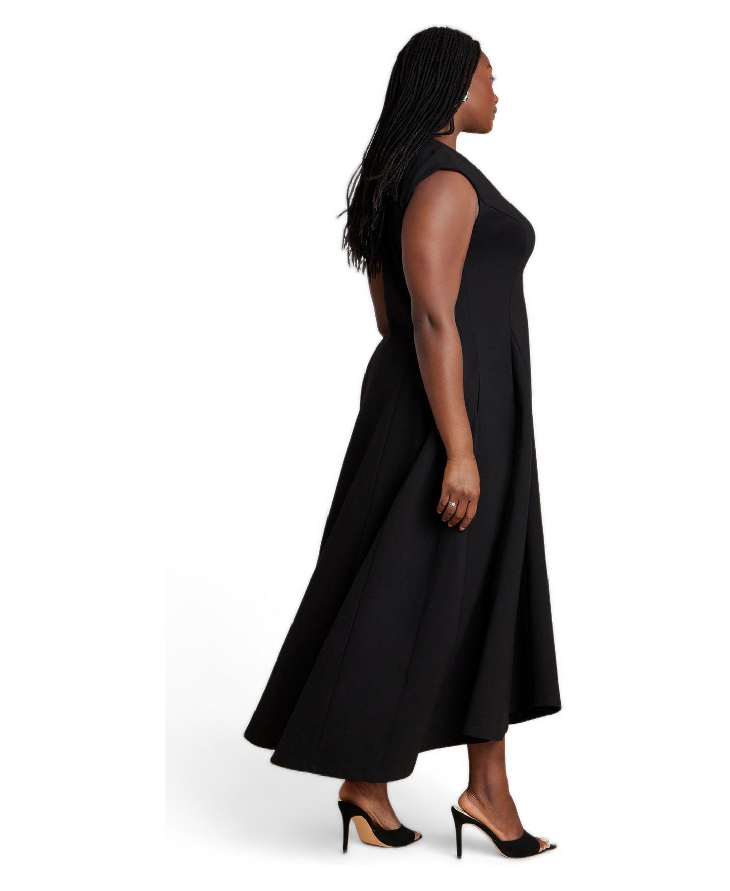 Женское платье ELOQUII Plus Size V-Neck Notch-Seam Detail Ponte Maxi, цвет: Чёрный оникс — фото 3