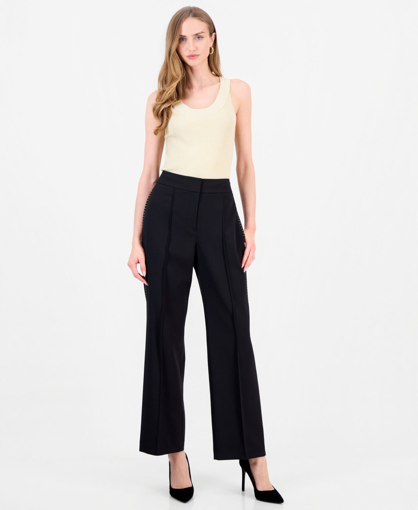 Женские брюки Elie Tahari Margaret Wide-Leg High-Waisted Rhinestone Side Stripe, цвет: Чёрный — фото 4