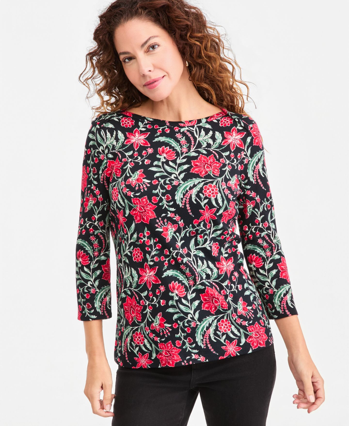 Женский топ Style & Co Printed Pima Cotton 3/4-Sleeve, цвет: Глубокий чёрный — фото 1