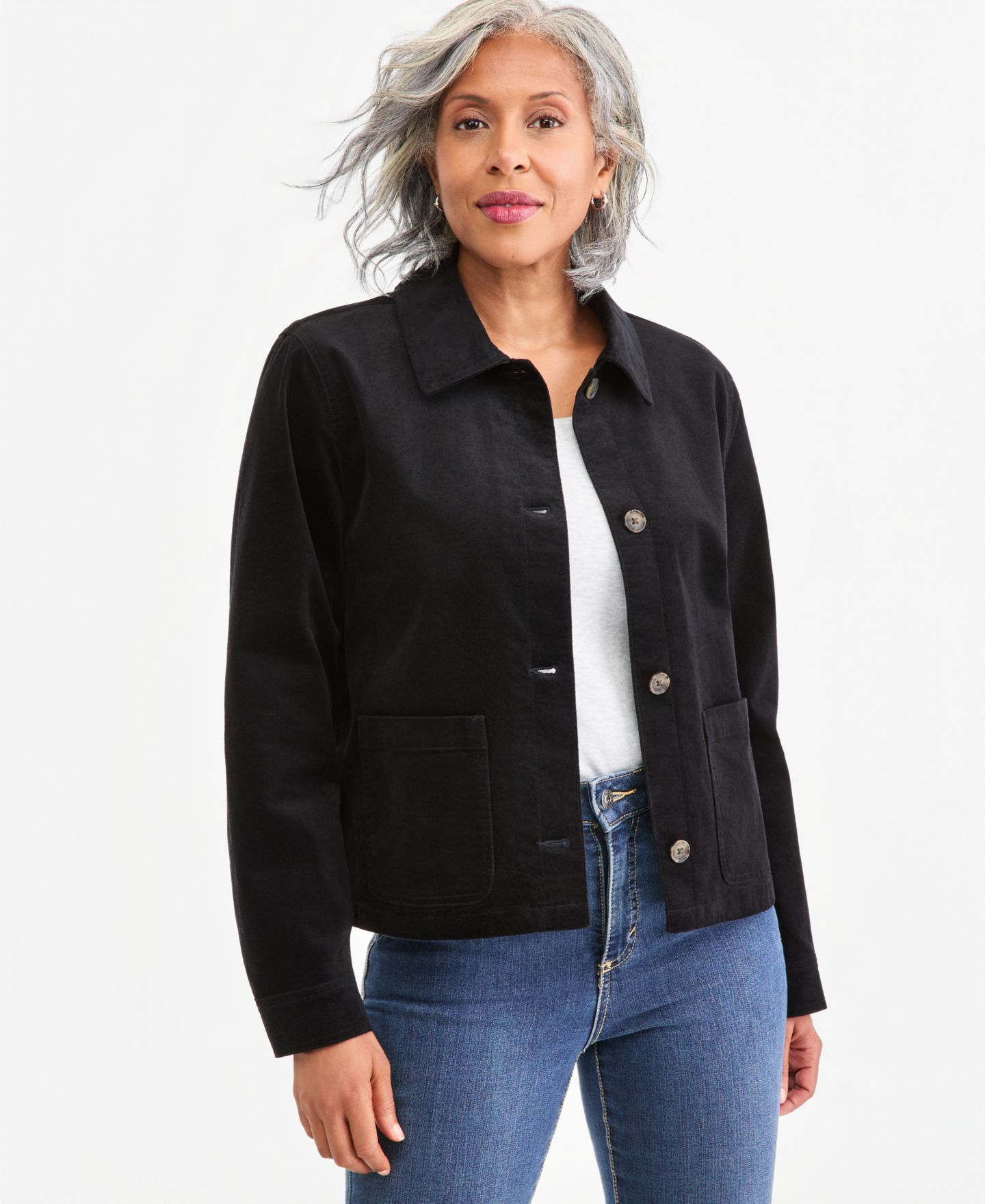 Женская куртка Style & Co Petite Velveteen Patch-Pocket Long-Sleeve, цвет: Глубокий чёрный — фото 1