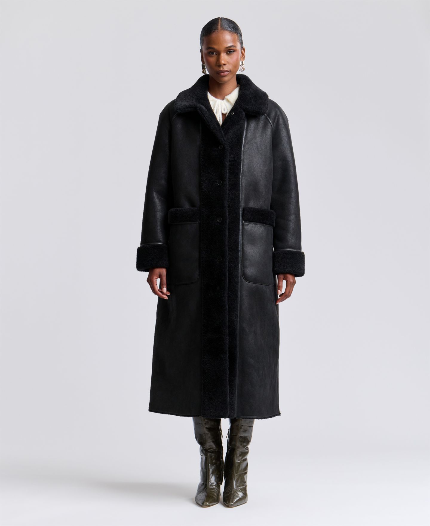 Женское пальто Avec Les Filles Reversible Faux Shearling Maxi, цвет: Чёрный — фото 5