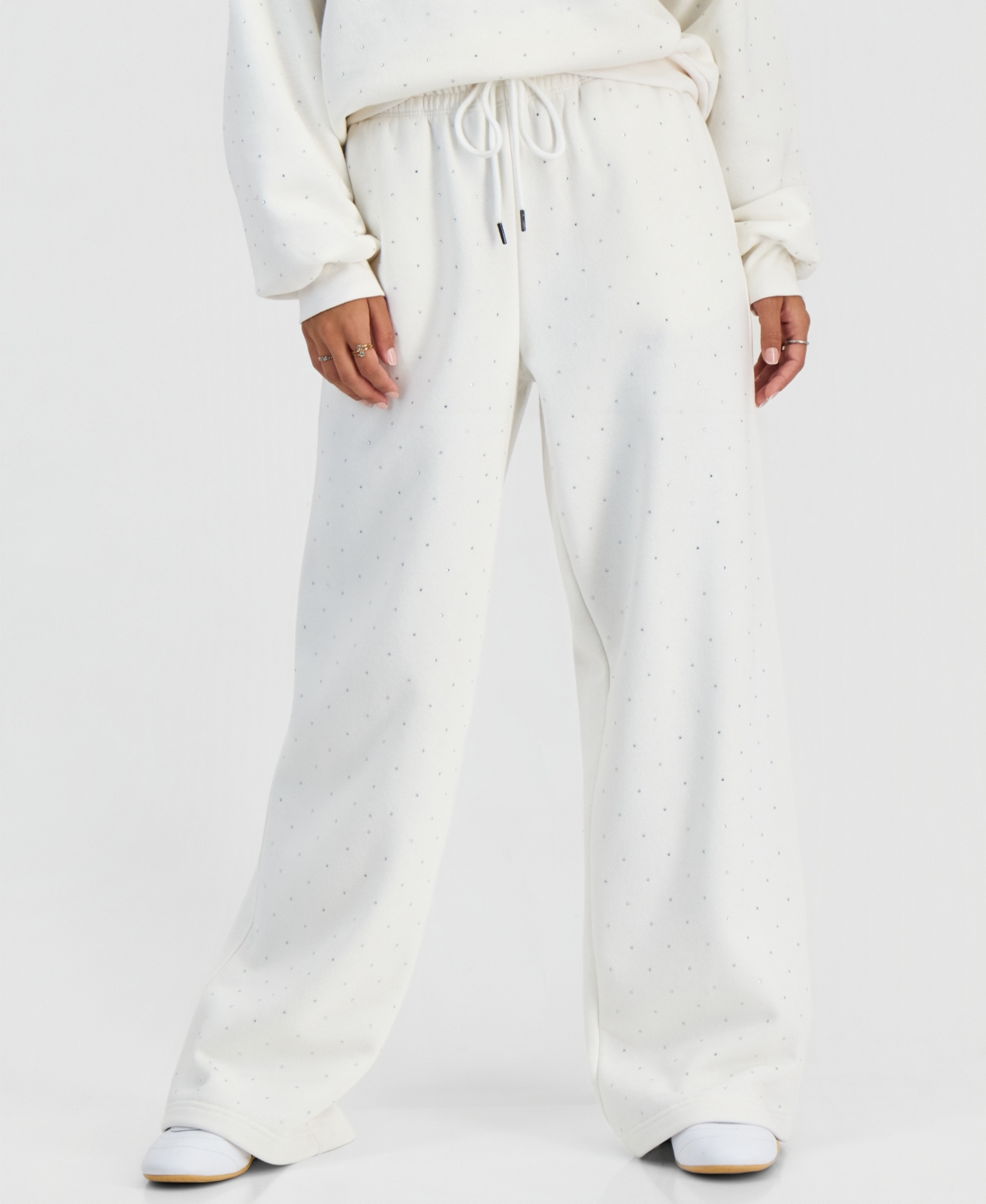 Madden Girl Juniors' Rhinestone Wide High-Rise Wide-Leg Sweatpants