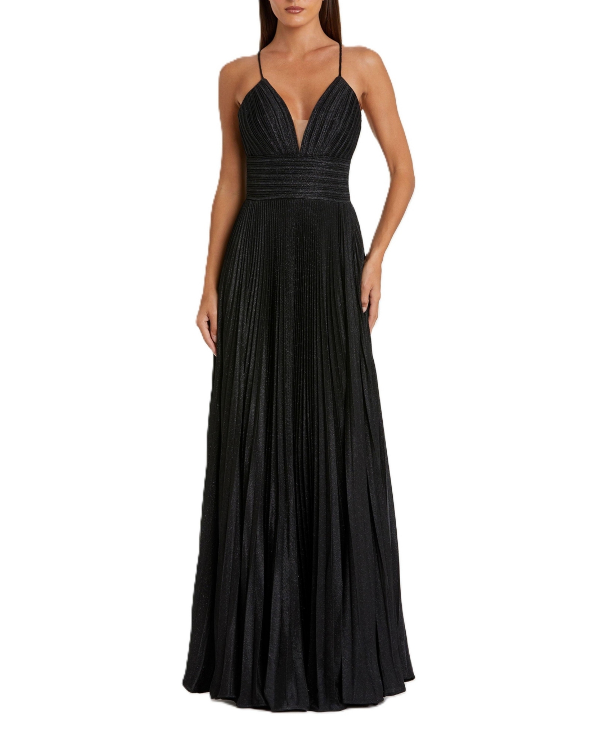Mac Duggal Women's Ieena Shimmer Pleated V-Neck Open Back Gown