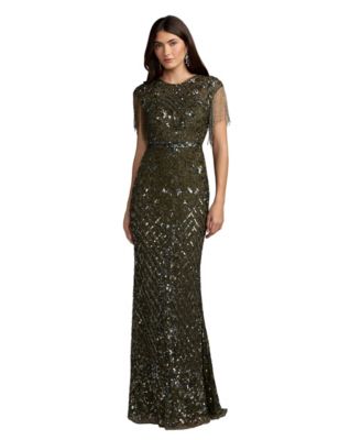 Petite High Neck Beaded Fringe Fitted Gown