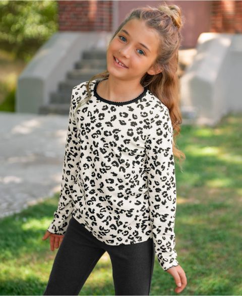 Детская рубашка Lands' End Girls Long Sleeve Pointelle Knit, цвет: Cheetah/Putty