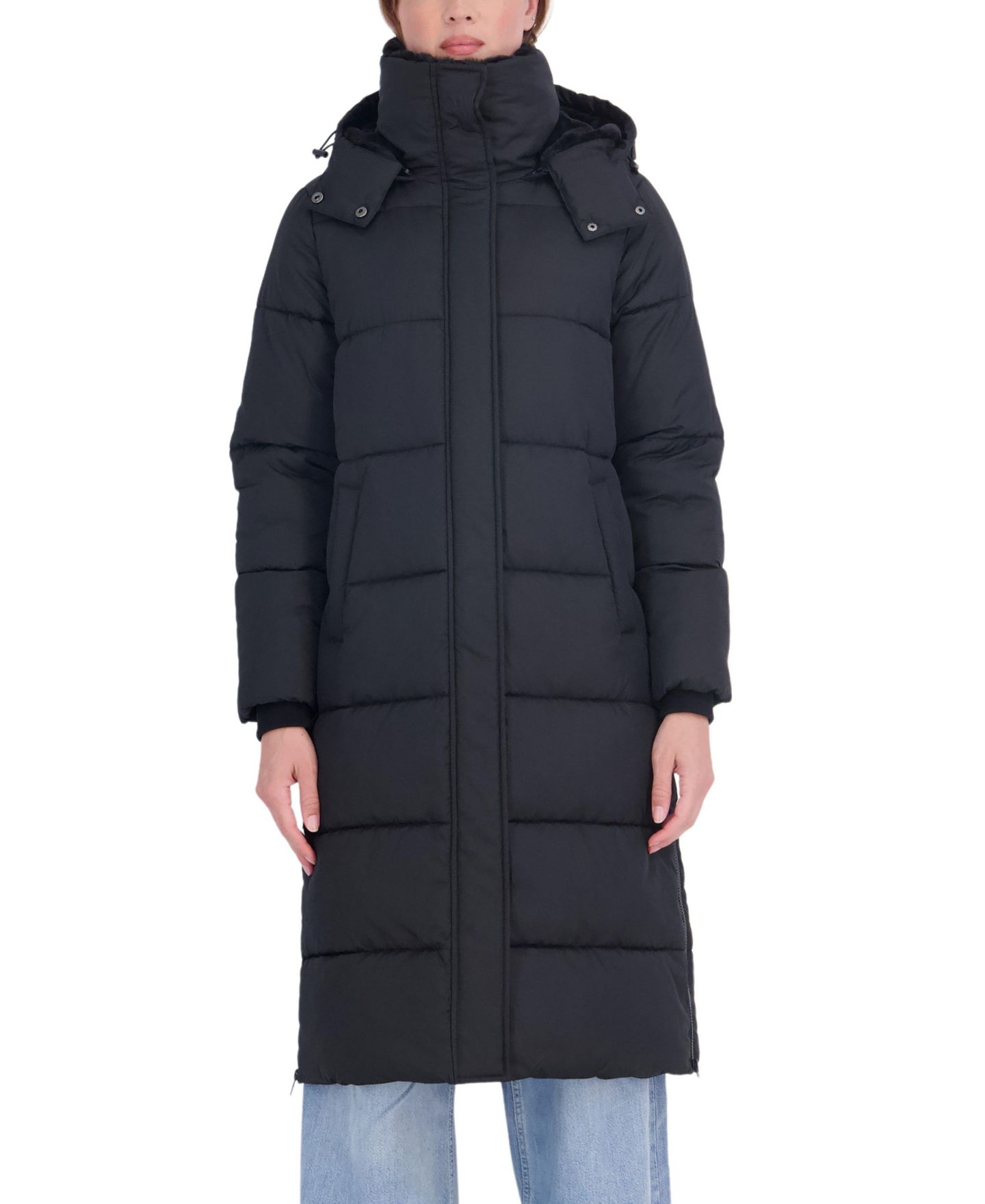 Женский длинный пуховик Sebby Collection с капюшоном и отделкой из искусственного меха, цвет: Чёрный — фото 1