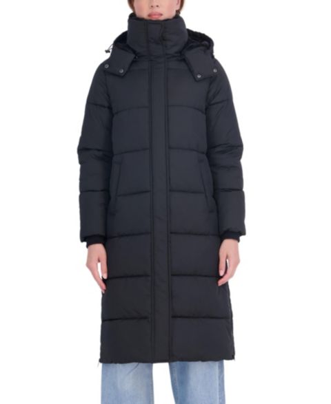 Женский длинный пуховик Sebby Collection с капюшоном и отделкой из искусственного меха, цвет: Чёрный