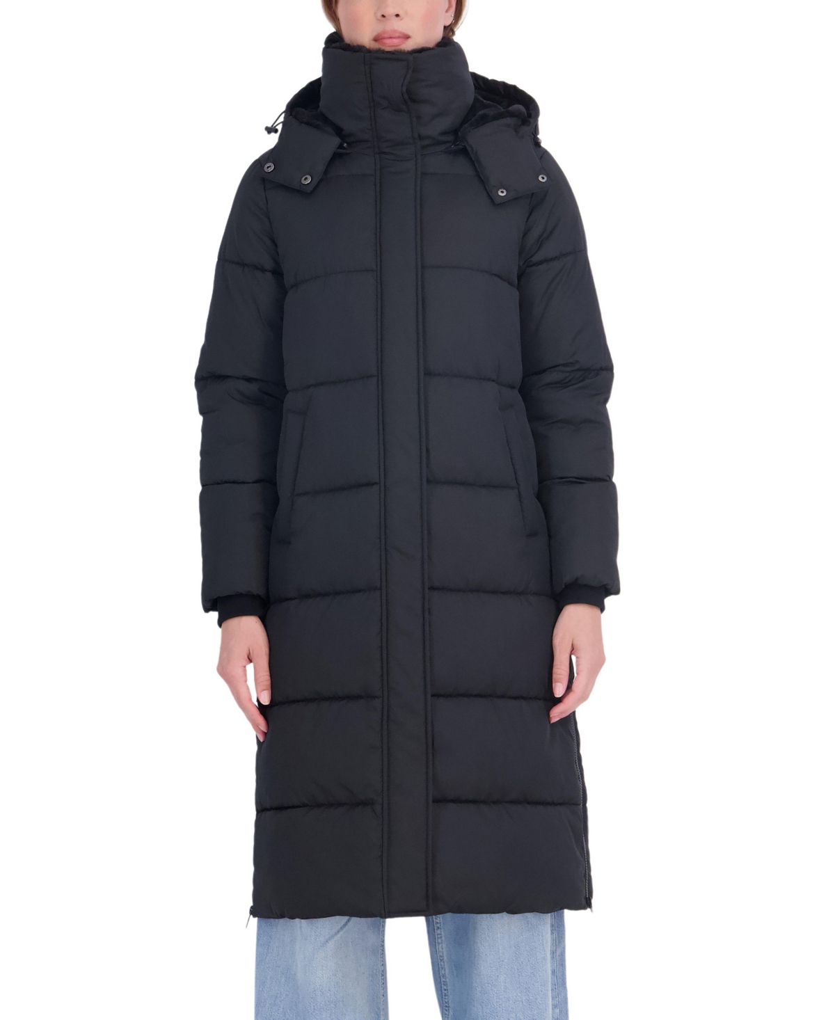 Sebby Collection Women's Long Hooded Faux Fur Trimmed Puffer Coat - Black