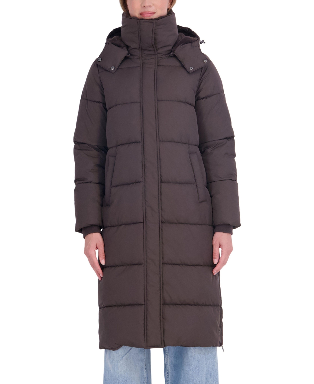 Sebby Collection Women's Long Hooded Faux Fur Trimmed Puffer Coat - Brown