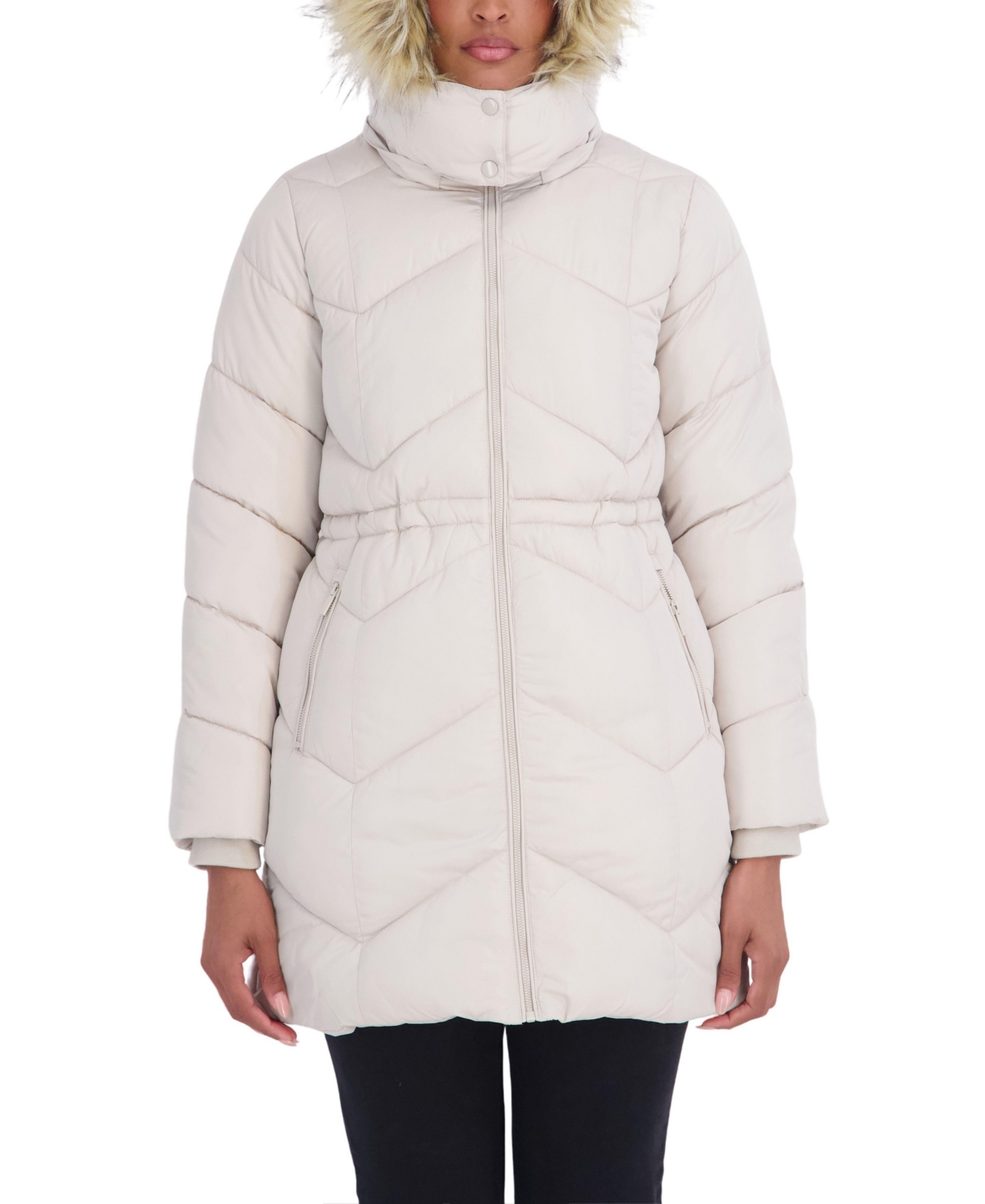 Sebby Collection Women's 3/4 Hooded Faux Fur Trimmed Puffer Coat