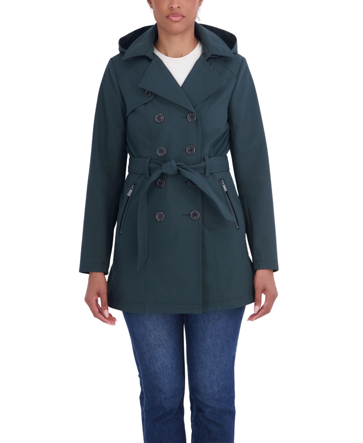 Sebby Collection Women's Belted Double Breasted Soft Shell Trench Coat With Detachable Hood - Emerald