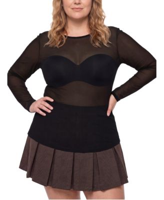 Plus Size Mesh Crew Long-Sleeve Top