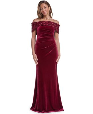 Women's Off the Shoulder Side Tuck Velvet Floral-Applique Sequin Gown