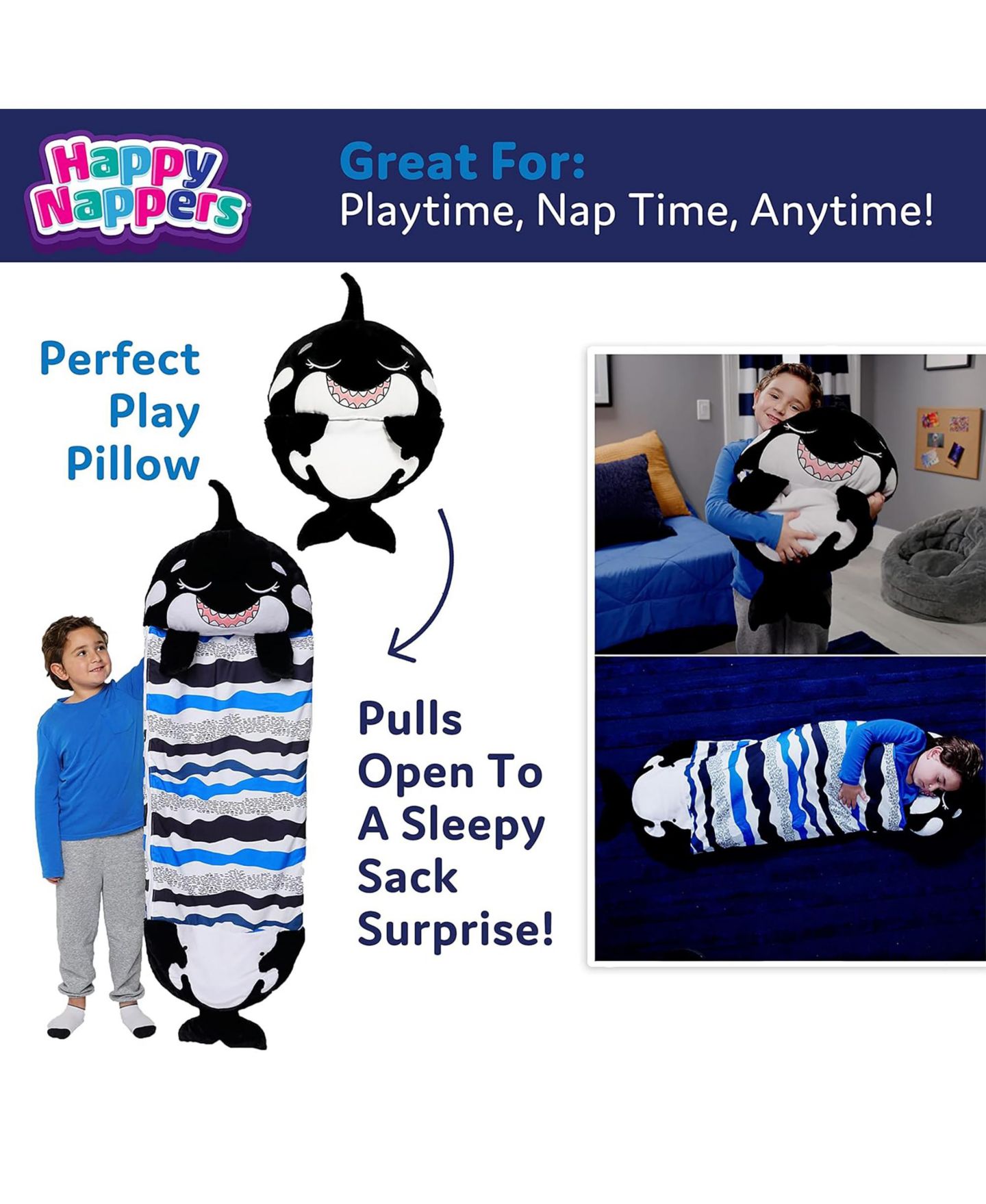 Детские мягкие игрушки Happy Nappers Ozzy The Shark Medium 2-in-1 Weighted-Arms Pillow and Sleeping Bag — фото 4