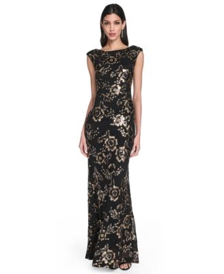 Women's Floral-Print Sequined Boat Neck Gown