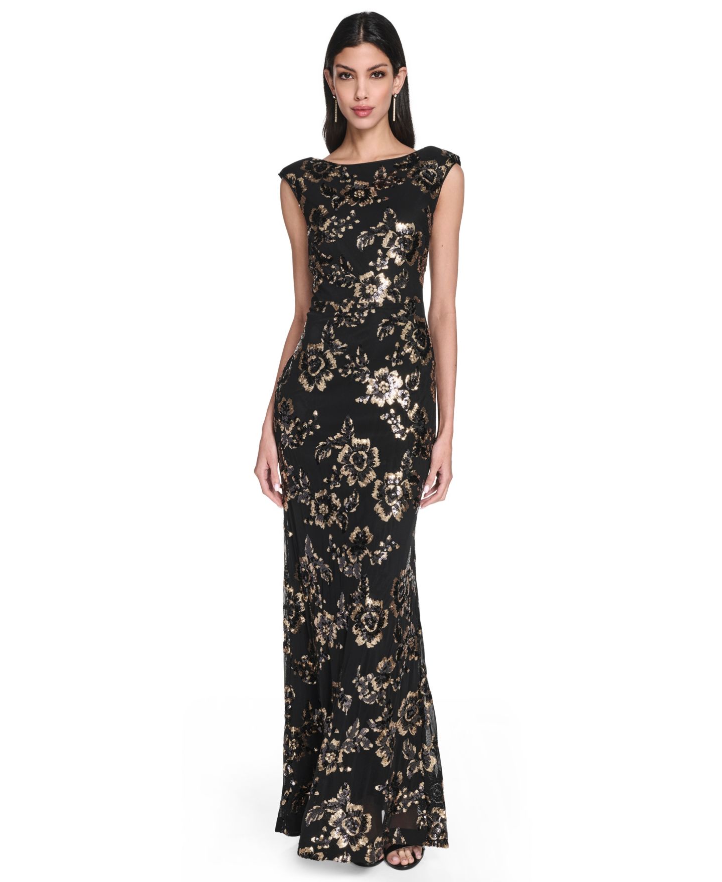 Женское платье Eliza J Floral-Print Sequined Boat Neck Gown, цвет: Серый — фото 1