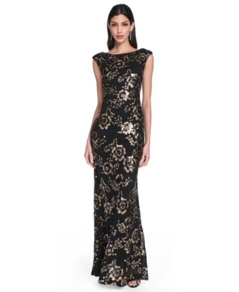 Женское платье Eliza J Floral-Print Sequined Boat Neck Gown, цвет: Серый