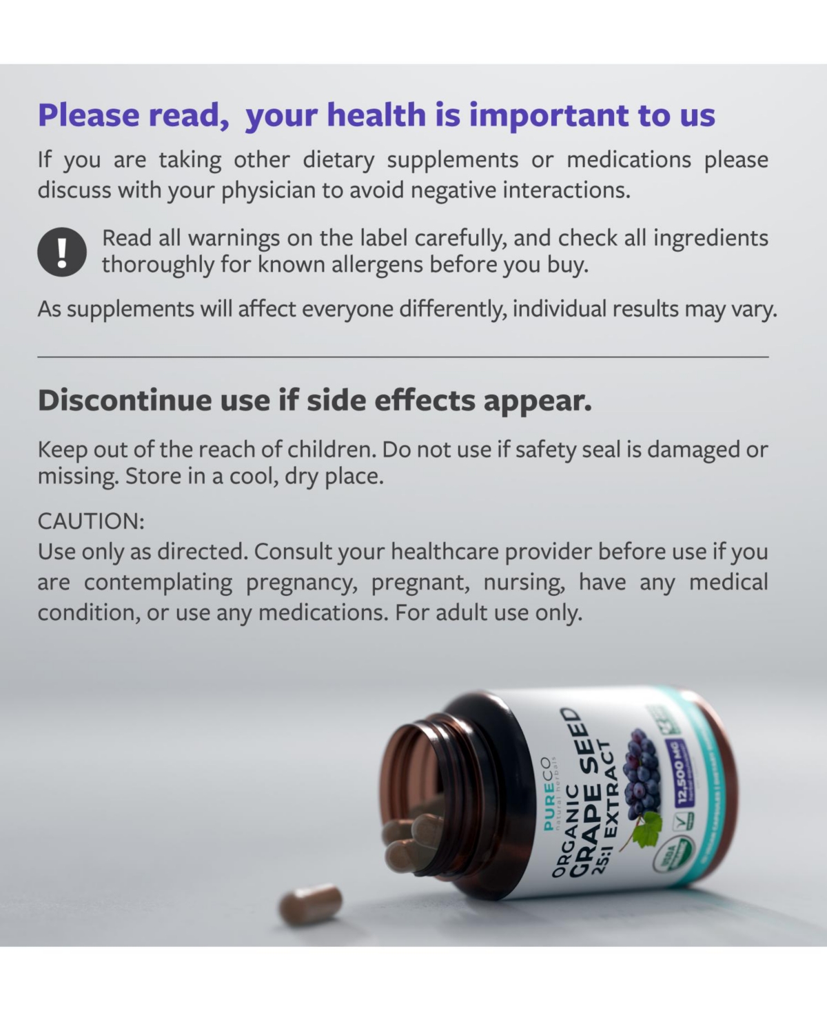 Pure Co Grape Seed Extract Capsules, 25:1 Grape Seed Extract, 12,500 Milligram Herbal Equivalent, 60 Capsules