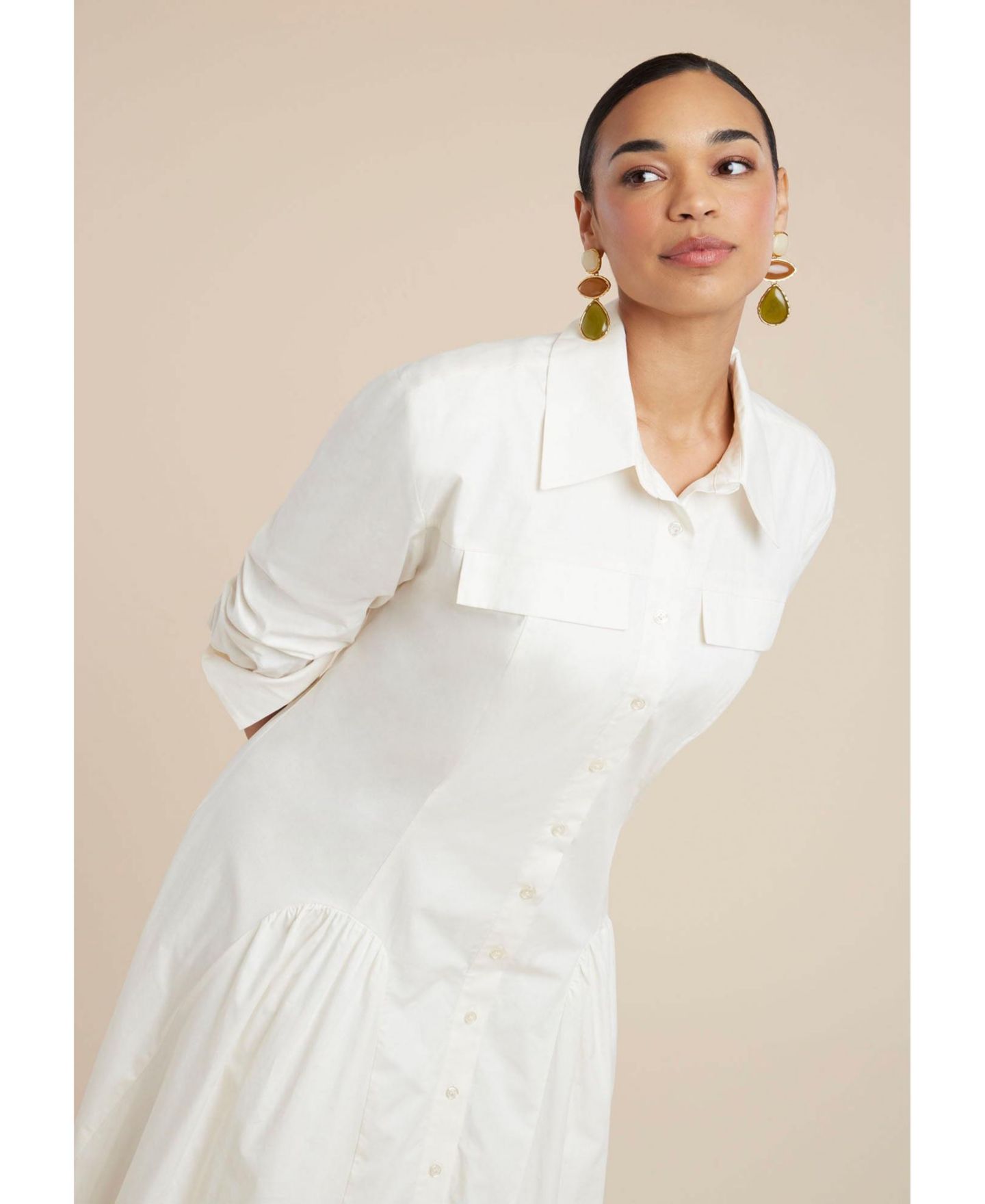 Женское платье ELOQUII Plus Size Shirred Godet Flare Poplin, цвет: Чёрный — фото 4