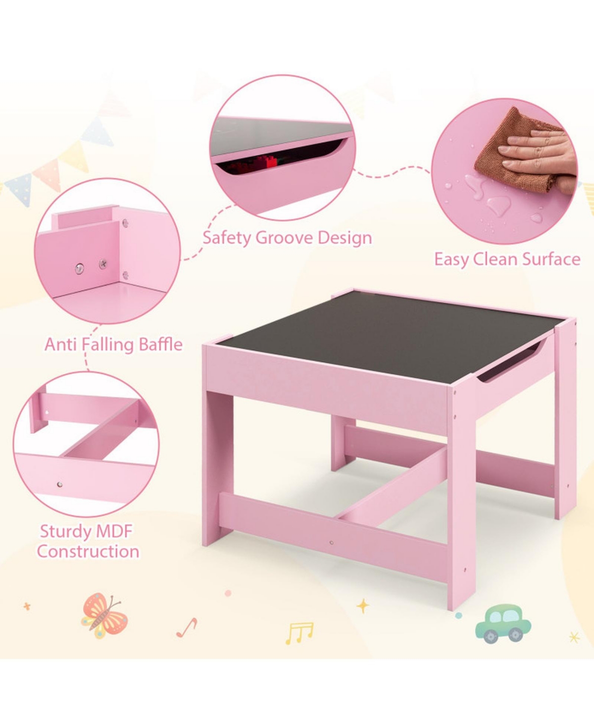 Gouun Kids Activity Table 2 Chairs Set Chalkboard Whiteboard with Storage Boxes