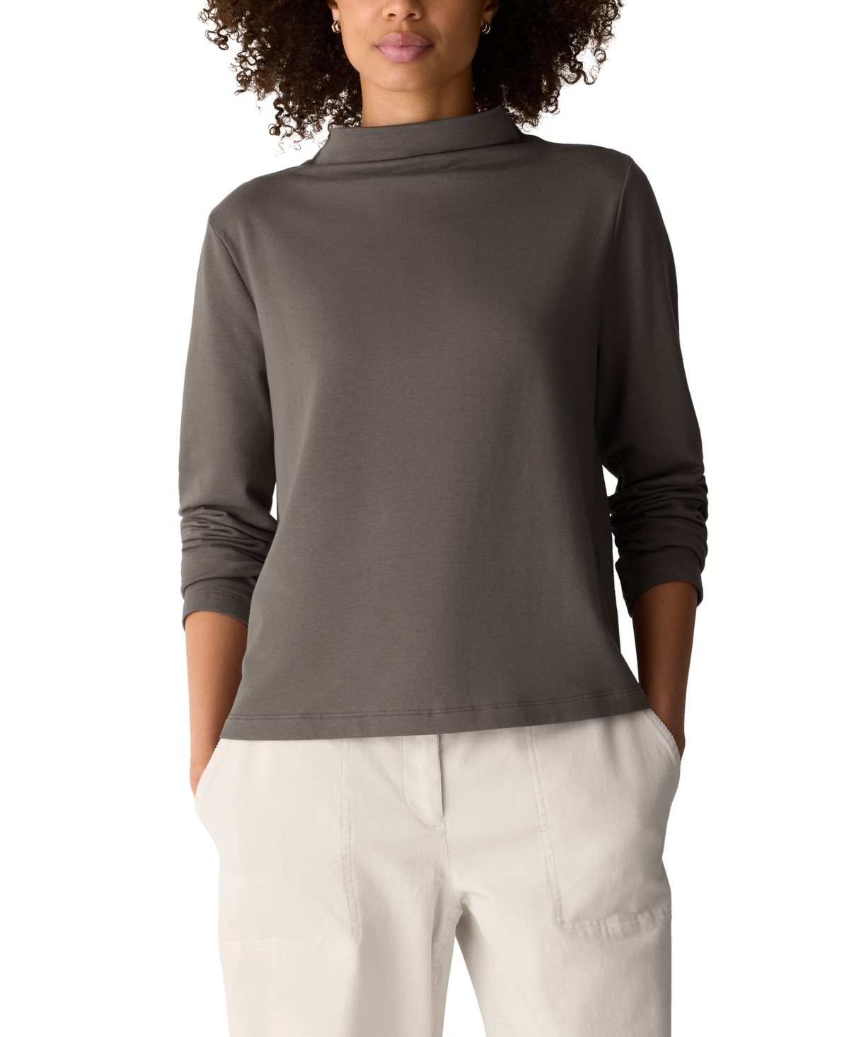 Eileen Fisher Women's Brushed-Fleecy Funnel Neck Long-Sleeve Top - Cobblestone