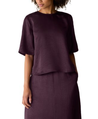Women's Crewneck Elbow-Sleeve Crinkled-Satin Blouse