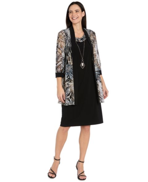 Женские платья R & M Richards Petites Printed A-Line Scoop Neck 2-Piece Dress and Jacket Set, цвет: Чёрный / Серо-коричневый
