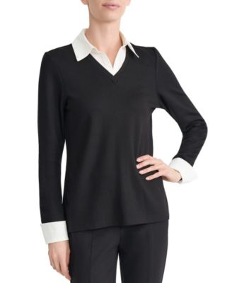 Petite Serenity Collared V-Neck Long-Sleeve Blouse