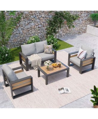 Outdoor Patio Conversation Set Durable Aluminum Sofas, Plush Cushions, Wood Texture Table Weatherproof