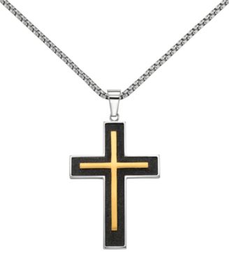 Men's Black Agate Gold Cross Two-Tone Pendant Necklace