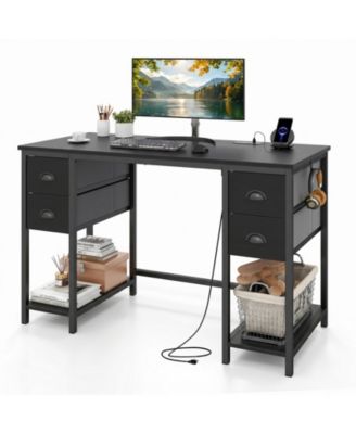 48'' Computer Desk with Power Outlet 4 Fabric Drawers Storage Shelves Headphone Hook
