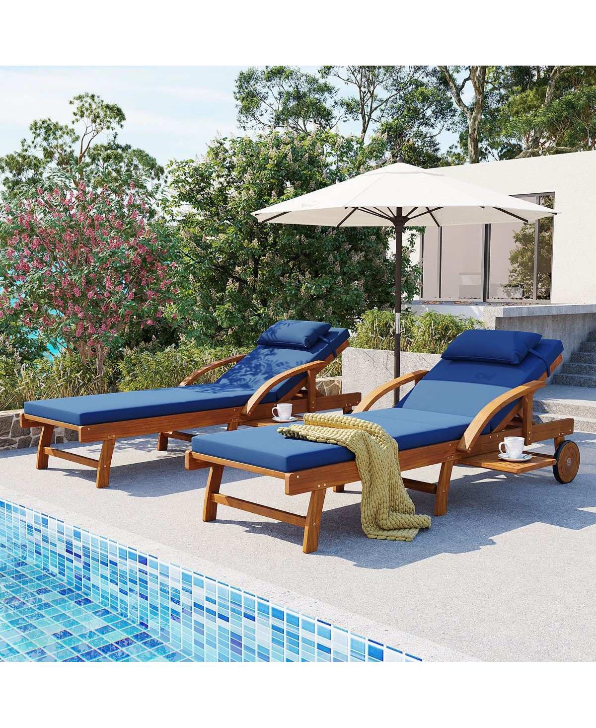 Asagikoiai Set of 2 Outdoor Acacia Wood Lounge Chairs, Adjustable Chaise with Wheels and Tray - Blue