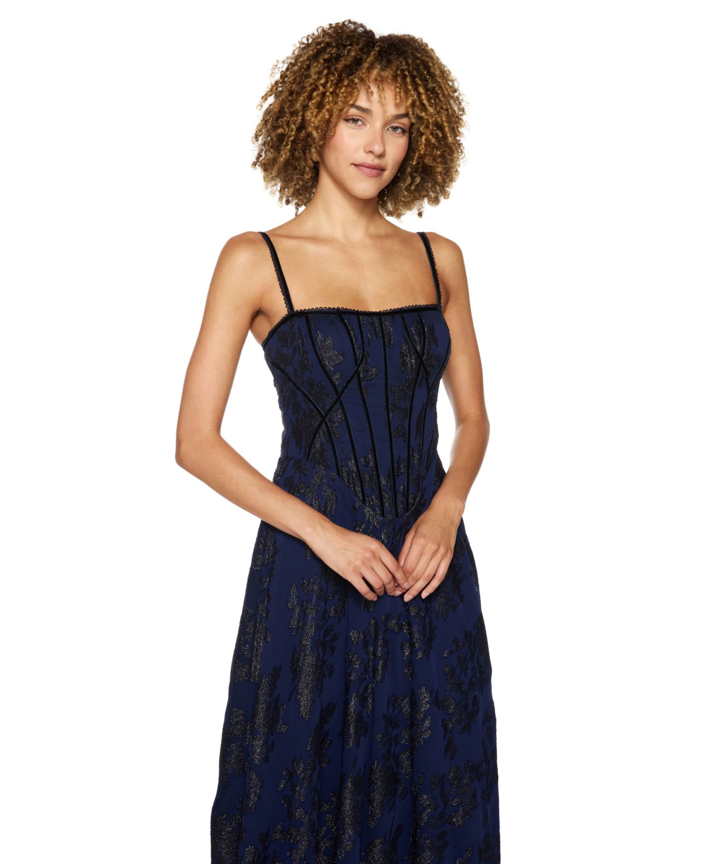 Женское платье Alex & Sophia Juniors' Floral-Print Chiffon Jacquard Corset Bodice Gown, цвет: Тёмно-синий — фото 3