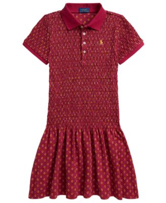 Girls' 7-16 Floral Smocked Stretch Mesh Polo Dress
