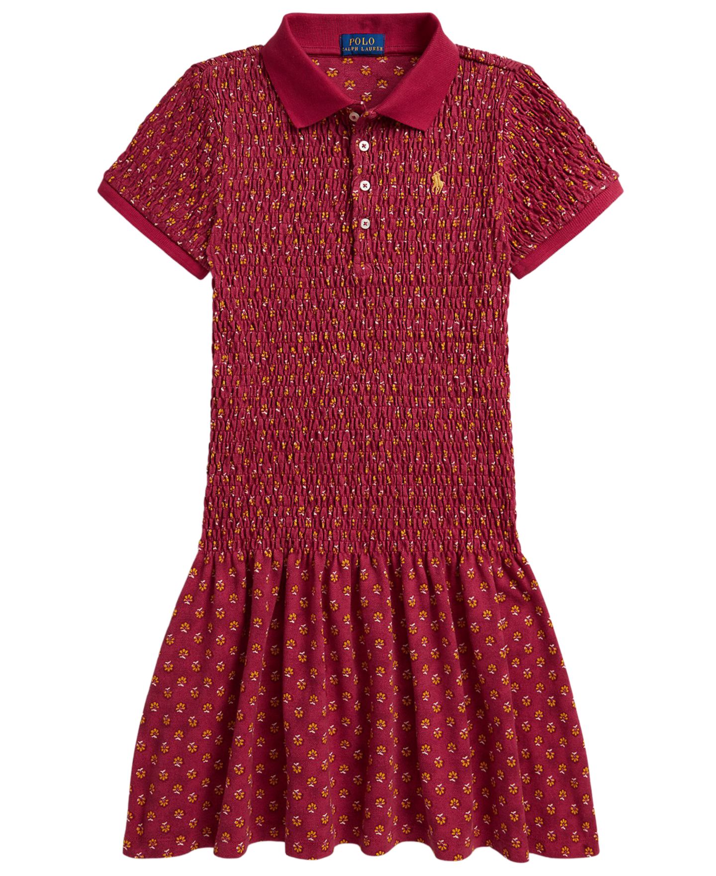 Платье Polo Ralph Lauren Floral Smocked Stretch Mesh Polo Dress для девочек, цвет: Bayberry Woodblock — фото 1